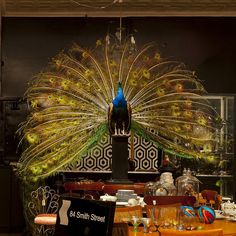 a peacock is standing on top of a table