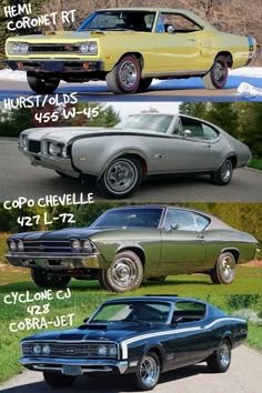 three different muscle cars are shown in the same color and size, one is green