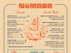 the menu for nomada mexican restaurant features an image of a horse and other foods