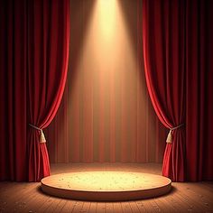 an empty stage with a red curtain and light coming from the top to the floor