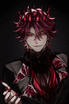 an anime character with red eyes and horns on his head, wearing a black jacket