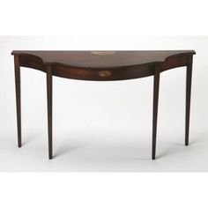an oval shaped table with two legs