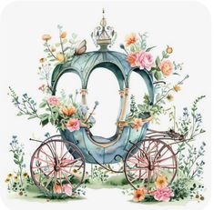 a drawing of a horse drawn carriage with flowers on the front and sides, painted in watercolor