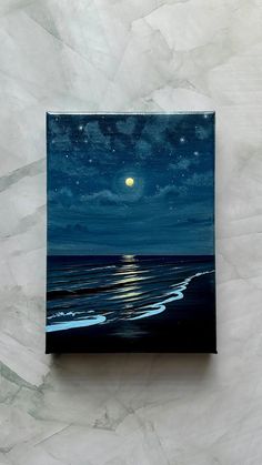 an acrylic painting of the ocean at night with moon and stars in the sky