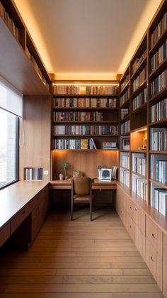 a room with many bookshelves and desks