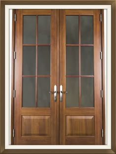 two wooden doors with glass panels on each side and brown trim around the top part