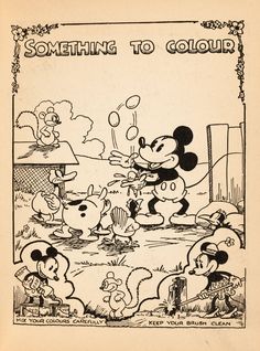 an old cartoon book with mickey mouse and other disney characters in the background, some blowing bubbles while others look on