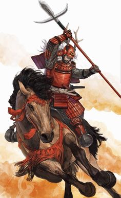 a man riding on the back of a brown horse next to a white dog in front of an orange sky