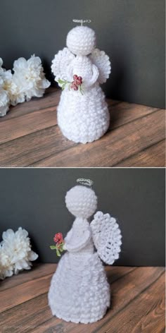 crocheted angel figurine sitting on top of a wooden table next to white flowers