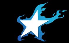 a white star with blue flames on it