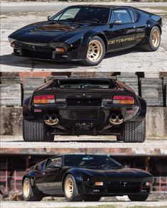 three different views of the back and side of a black car with gold rims
