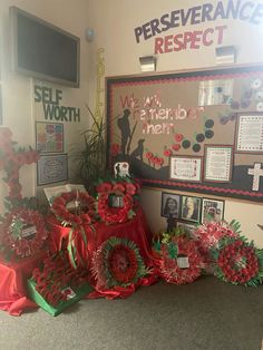 School poppy display, Poppies, Lest we forget, We will remeber them Veterans Day Remembrance Display, Remembrance Day Display Ideas, Remembrance Display, Red Poppy Remembrance, Veterans Day Poppy History, Red Poppy Remembrance Decor, Red Poppies Remembrance, Remembrance Day School Display, Remembrance Day Displays