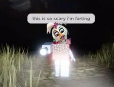 a cartoon character is standing in the middle of a field at night with a light on his head