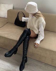 Thigh High Boot Outfit Inspo, Platform Over The Knee Boots Outfit, Over The Knee Platform Boot Outfit, Over The Knee Boot Outfit Aesthetic, Thigh High Chunky Boots Outfit, Chunky Over The Knee Boots Outfit, White Fluffy Bucket Hat Outfit, White Fur Bucket Hat Outfit, Thigh High Lug Sole Boots Outfit