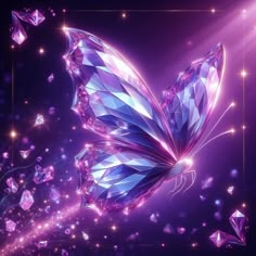 a purple butterfly flying through the air with sparkles around it's back end