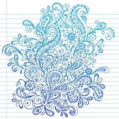 an abstract drawing on lined paper with blue swirls and curls in the center,