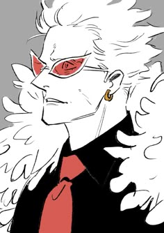 a drawing of a man with white hair and red glasses wearing a black suit, tie and gold earrings