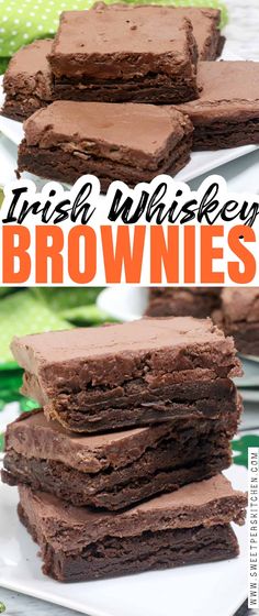 chocolate brownies stacked on top of each other with the words irish whiskey in the middle
