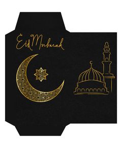 an eid mubarak greeting card with the moon and mosque in gold on black