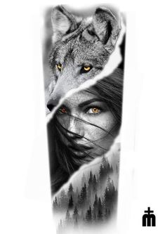 a woman's face with yellow eyes behind a wolf