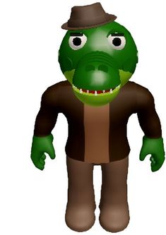 an image of a cartoon alligator wearing a hat and brown shirt with big eyes, standing in front of a white background