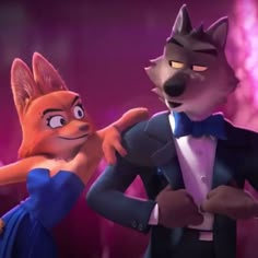 the fox and the hound are talking to each other in front of a purple background