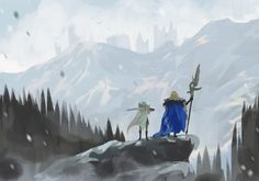 two people standing on top of a snow covered mountain