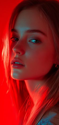 a woman with blue eyes and long hair is posing for a photo in red light
