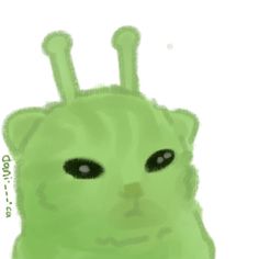 a drawing of a green cat with black eyes