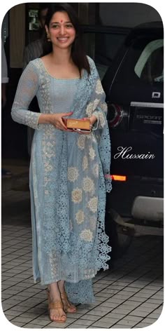 Bollywood Style Long Unstitched Suit With Chikankari, Chikankari Suits Party Wear Bollywood, Summer Bollywood Style Churidar With Chikankari Embroidery, Bollywood Style Churidar With Chikankari Embroidery For Summer, Fitted Bollywood Churidar With Chikankari Embroidery, Bollywood Churidar With Chikankari Embroidery For Puja, Tamannaah Saree, Chudidhar Designs, Thamanna Dresses