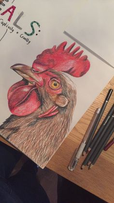 a drawing of a rooster on top of a piece of paper next to crayons