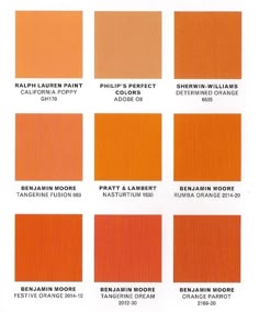 an orange color chart with the names of different shades and colors in each one section