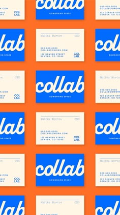several blue and white business cards on an orange background