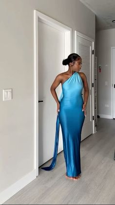 Birthday Silk Dress, Silk Birthday Dress, Blue Maxi Dress For Dinner, Blue Satin Dress For Spring Date Night, Blue Fitted Maxi Dress For Dinner, Shades Of Blue Party Outfits, Blue Silk Dress For Date Night, Blue Draped Dress For Dinner, Blue Dinner Outfit