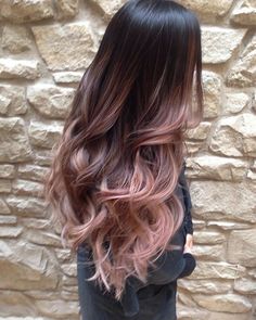Dark Brown Pink Balayage, Black To Rose Gold Hair, Rose Gold Hair On Black Hair, Dusty Pink Highlights Black Hair, Black Hair Rose Gold Highlights, Black And Rose Gold Hair, Rose Gold Black Hair, Black Hair With Rose Gold Highlights, Rose Gold Balayage Black Hair
