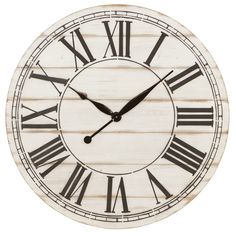 a white clock with roman numerals on it's face is shown in this image