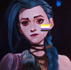 a woman with blue hair and braids is looking at the camera