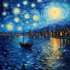 a painting of a boat in the water at night