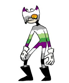 an image of a cartoon character in the style of catboy with purple, green and yellow stripes
