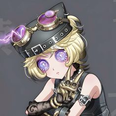 an anime character with purple eyes and black clothing, holding her hand on her chest