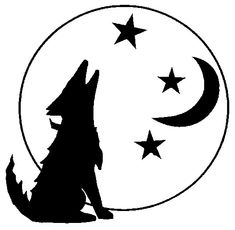 a black and white silhouette of a wolf sitting in front of the moon with stars