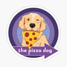 a dog with a slice of pizza in its mouth sticker on the back of a purple