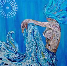 a painting of a woman with her hair blowing in the wind and bubbles floating around