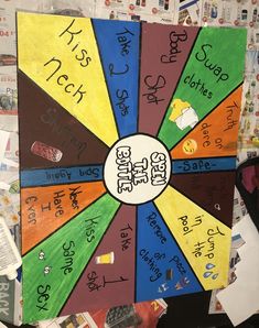 a colorful wheel of fortune with words written in different languages on it, surrounded by papers