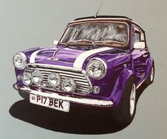a painting of a purple car with white stripes on it's hood and headlights