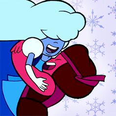 an image of a cartoon character hugging someone's back with snowflakes in the background