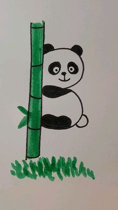 a drawing of a panda bear leaning on a bamboo pole with green grass around it