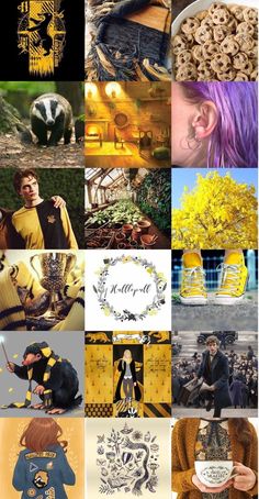the collage has many different pictures in it, including yellow and black colors on them