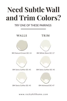 A clean white graphic featuring six organic paint dollops showing pairings of Benjamin Moore Natural Cream, White Dove, Swiss Coffee, and Ashwood.