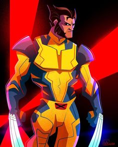 an image of a cartoon character in yellow and blue suit with two hands on his hips